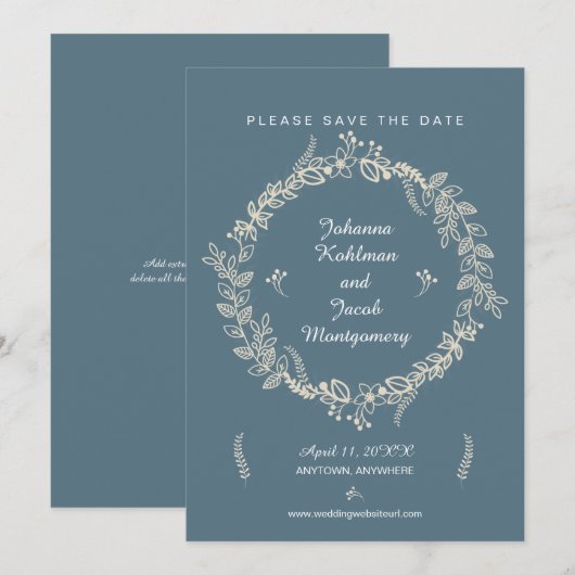 Rustic Blue Outlining Floral Wreats Save the Date (Voorkant / Achterkant)