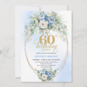 Rustic Blue Peony Gold 60th Birthday Invitation Kaart (Voorkant)