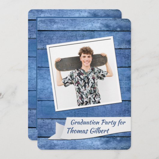 Rustic Blue Photo Afstuderen Invitation Kaart (Voorkant / Achterkant)