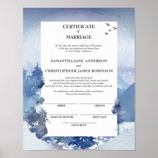 Rustic Blue Pine Certificate of Marriage Keepomwil Poster (Voorkant)
