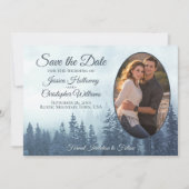 Rustic Blue Pine Forest met Oval Photo Weddenschap Save The Date (Voorkant)