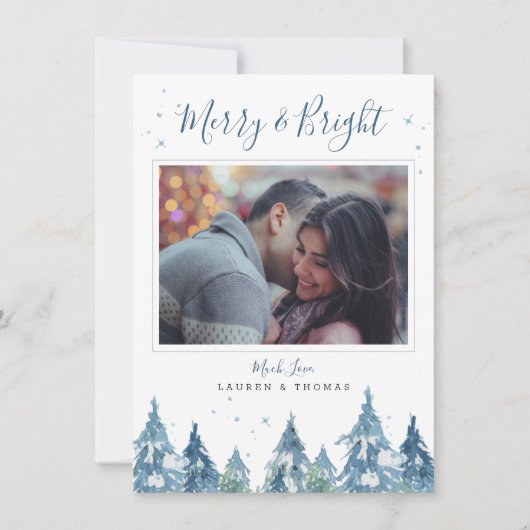 Rustic Blue Pine Forest Waterverf Holiday Foto Feestdagenkaart (Voorkant)