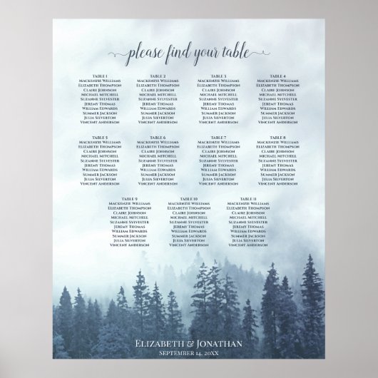 Rustic Blue Pine Trees 11 Table Seating Chart Poster (Voorkant)