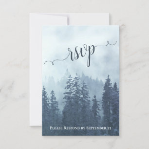 Rustic Blue Pine Trees Mountain Woodland Wedding RSVP Kaartje