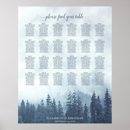 Rustic Blue Pines 24 Table Wedding Seating Chart Poster (Voorkant)