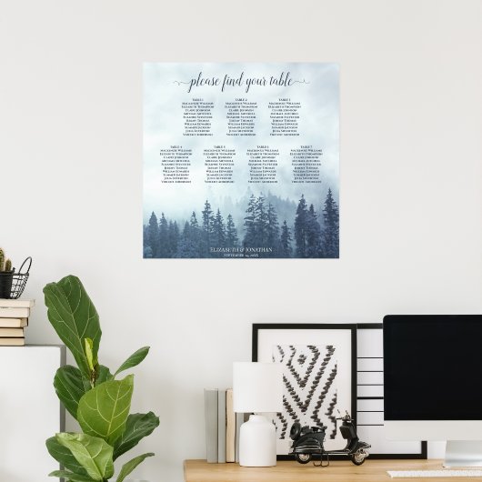 Rustic Blue Pines 7 Table Wedding Seating Chart Poster (Thuiskantoor)