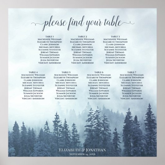Rustic Blue Pines 7 Table Wedding Seating Chart Poster (Voorkant)