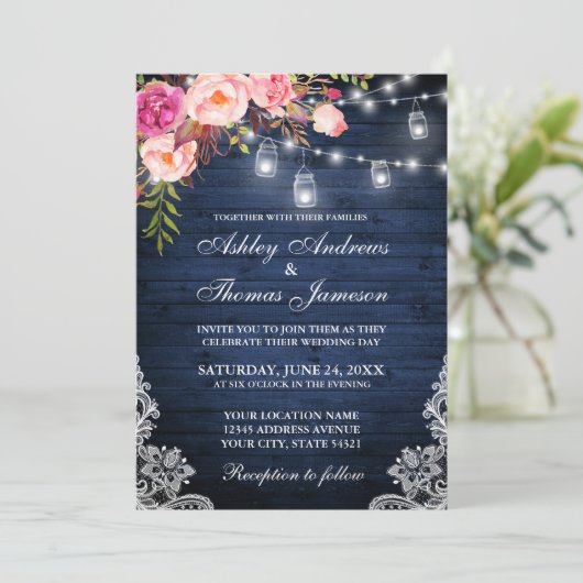 Rustic Blue Pink Floral Lace Lights Wood Weddensch Kaart (Staand voorkant)