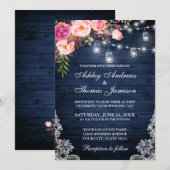 Rustic Blue Pink Floral Lace Lights Wood Weddensch Kaart (Voorkant / Achterkant)