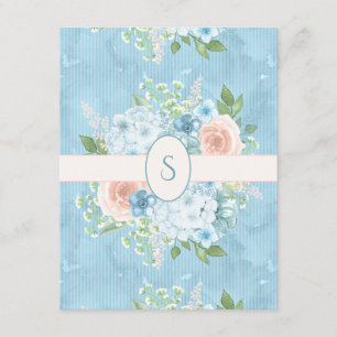 Rustic Blue Pink Floral Shabby Chic Monogram Bedankkaart