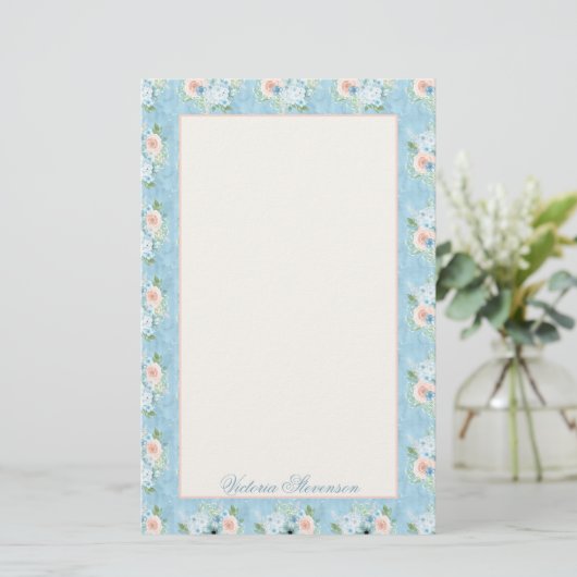 Rustic Blue Pink Floral Shabby Chic Personalized Briefpapier (Staand voorkant)