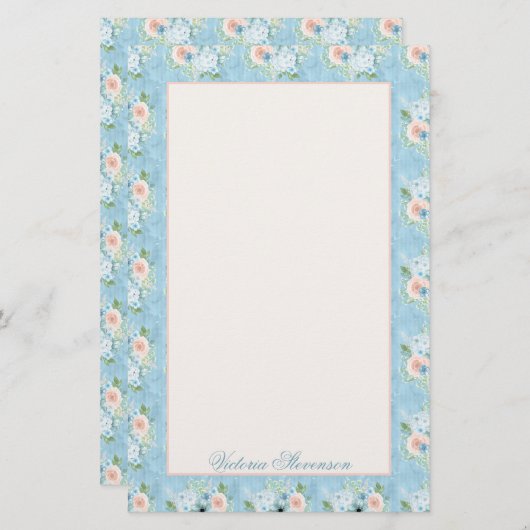 Rustic Blue Pink Floral Shabby Chic Personalized Briefpapier (Voorkant / Achterkant)