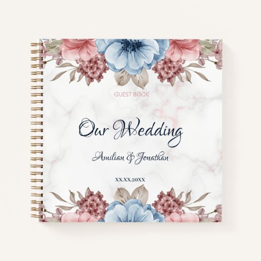 Rustic Blue Pink Floral Wedding Guest Nook Notitieboek (Voorkant)
