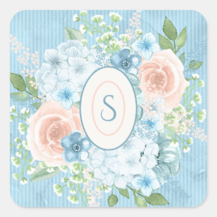 Rustic Blue Pink Green Floral Shabby Chic Vierkante Sticker
