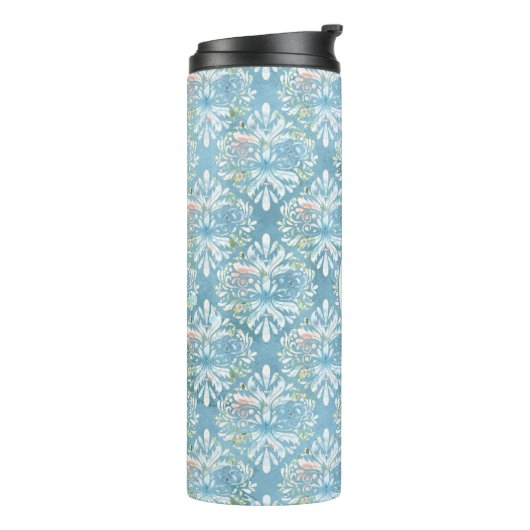 Rustic Blue Pink Monogram Damask Shabby Chic Thermosbeker (Gedraaid links)