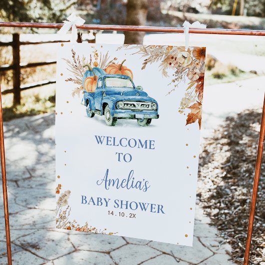 Rustic Blue Pumpkin Truck Baby shower Welkomstbord Foto Afdruk