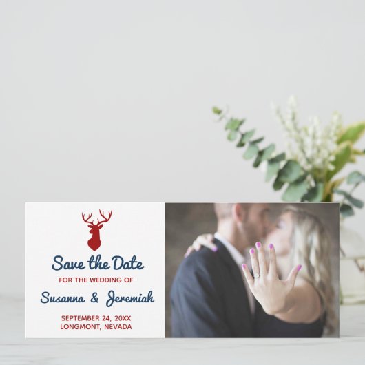 Rustic Blue Red Deer Mountain slaat de datum op Feestdagenkaart (Staand voorkant)