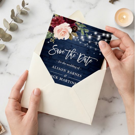 Rustic Blue Red Floral String Lights Wedding Save The Date