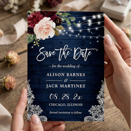 Rustic Blue Red Floral String Lights Wedding Save The Date