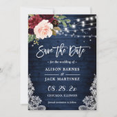 Rustic Blue Red Floral String Lights Wedding Save The Date (Voorkant)