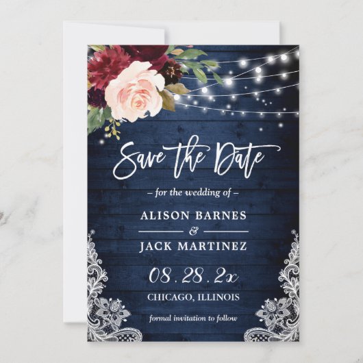 Rustic Blue Red Floral String Lights Wedding Save The Date (Voorkant)