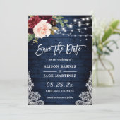 Rustic Blue Red Floral String Lights Wedding Save The Date (Staand voorkant)