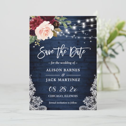 Rustic Blue Red Floral String Lights Wedding Save The Date (Staand voorkant)