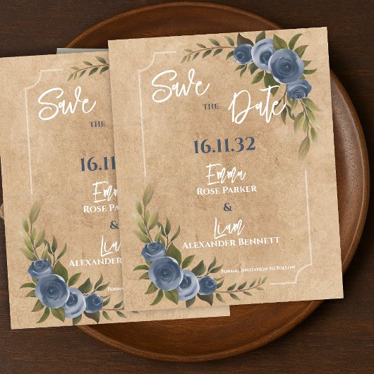 Rustic Blue Roos Bloemige Trouw Save the Date