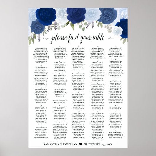 Rustic Blue Roses Wedding Seating Chart A1 Size Poster (Voorkant)
