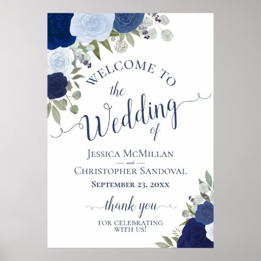 Rustic Blue Roses Wedding Welcome A1 Size Poster (Voorkant)