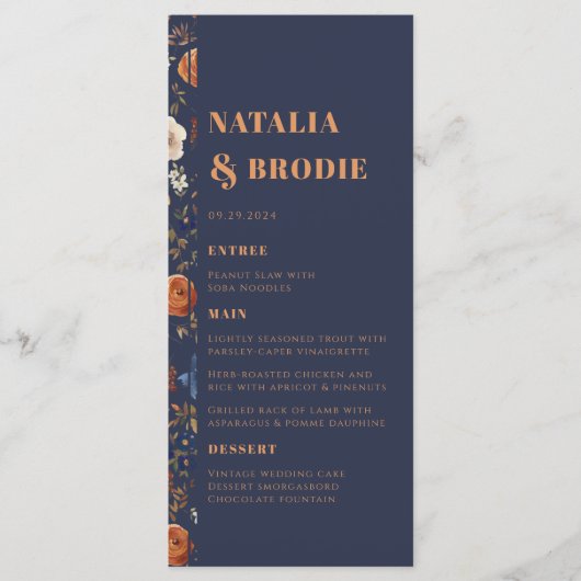 Rustic Blue Rust Boho Wedding Menu (Voorkant)