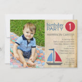 Rustic Blue Sail Boat Birthday Uitnodiging (Voorkant)