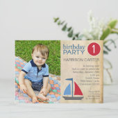 Rustic Blue Sail Boat Birthday Uitnodiging (Staand voorkant)