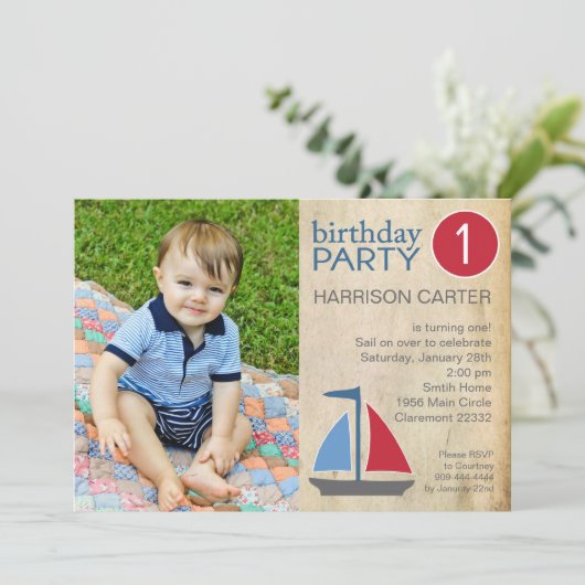 Rustic Blue Sail Boat Birthday Uitnodiging (Staand voorkant)