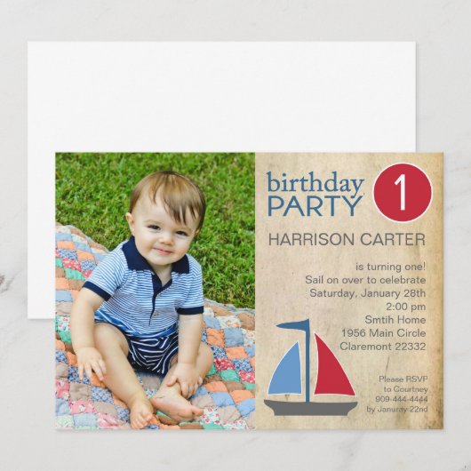 Rustic Blue Sail Boat Birthday Uitnodiging (Voorkant / Achterkant)