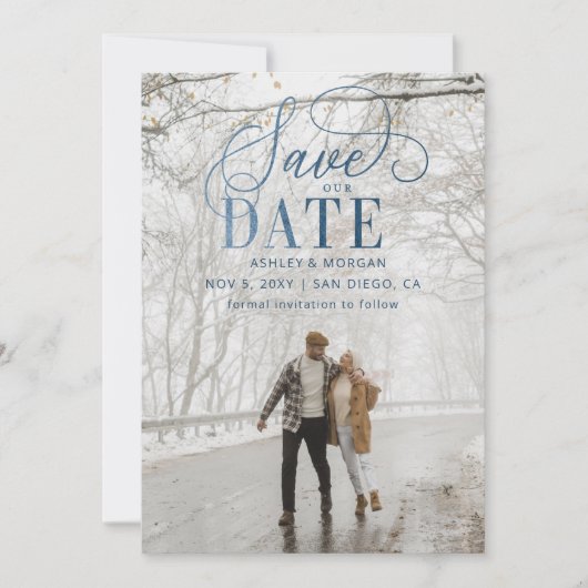 Rustic Blue Script Modern Photo Save the Date (Voorkant)