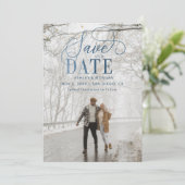 Rustic Blue Script Modern Photo Save the Date (Staand voorkant)