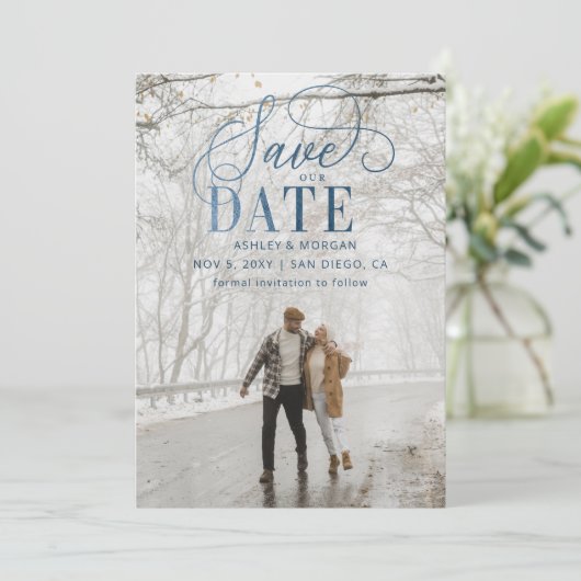Rustic Blue Script Modern Photo Save the Date (Staand voorkant)