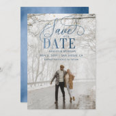 Rustic Blue Script Modern Photo Save the Date (Voorkant / Achterkant)