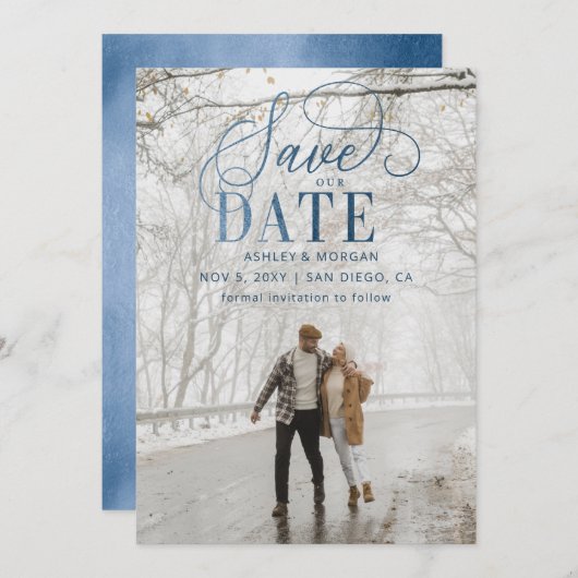 Rustic Blue Script Modern Photo Save the Date (Voorkant / Achterkant)