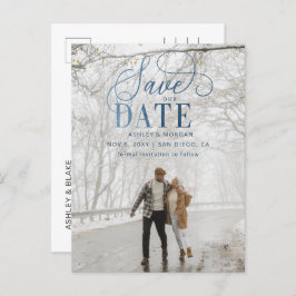 Rustic Blue Script Photo Save the Date Aankondigingskaart