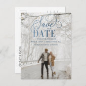 Rustic Blue Script Photo Save the Date Aankondigingskaart (Voorkant / Achterkant)