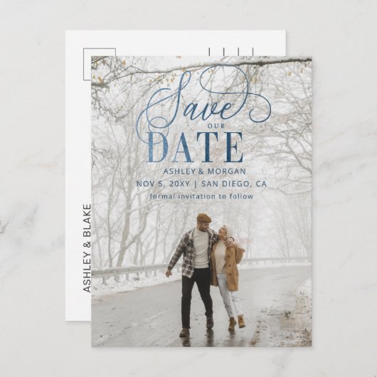 Rustic Blue Script Photo Save the Date Aankondigingskaart (Voorkant / Achterkant)