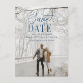 Rustic Blue Script Photo Save the Date Aankondigingskaart (Voorkant)
