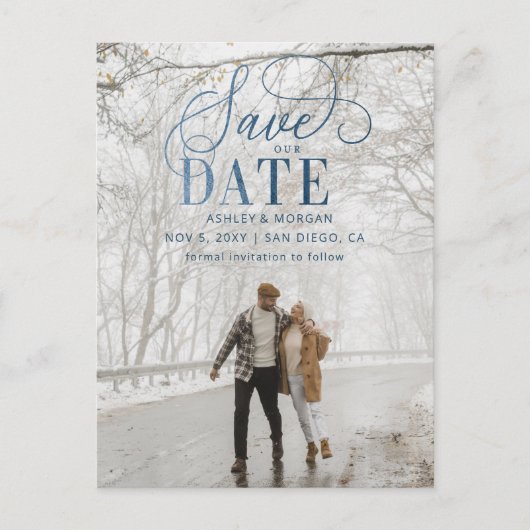 Rustic Blue Script Photo Save the Date Aankondigingskaart (Voorkant)