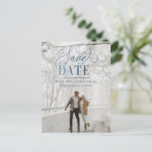 Rustic Blue Script Photo Save the Date Aankondigingskaart (Staand voorkant)