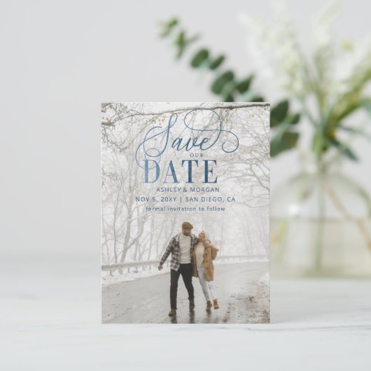 Rustic Blue Script Photo Save the Date Aankondigingskaart (Staand voorkant)