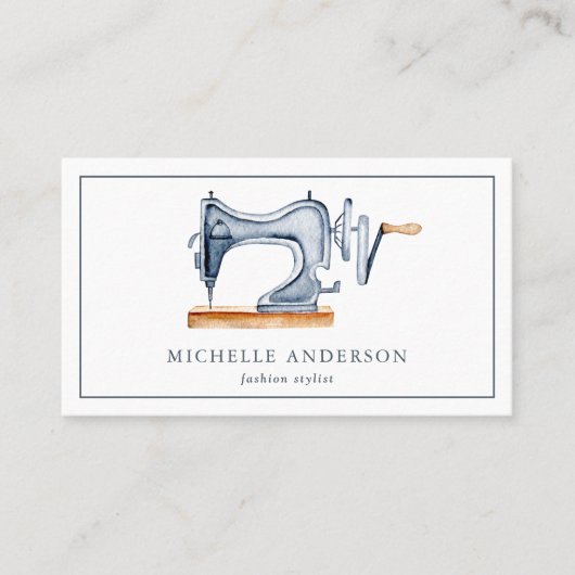  Rustic Blue Sewing Machine Mode Stylist Visitekaartje (Voorkant)