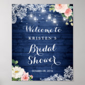 Rustic Blue String Light Floral Vrijgezellenfeest  Poster (Voorkant)