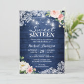 Rustic Blue String Lights Floral Sweet 16 Birthday Kaart (Staand voorkant)
